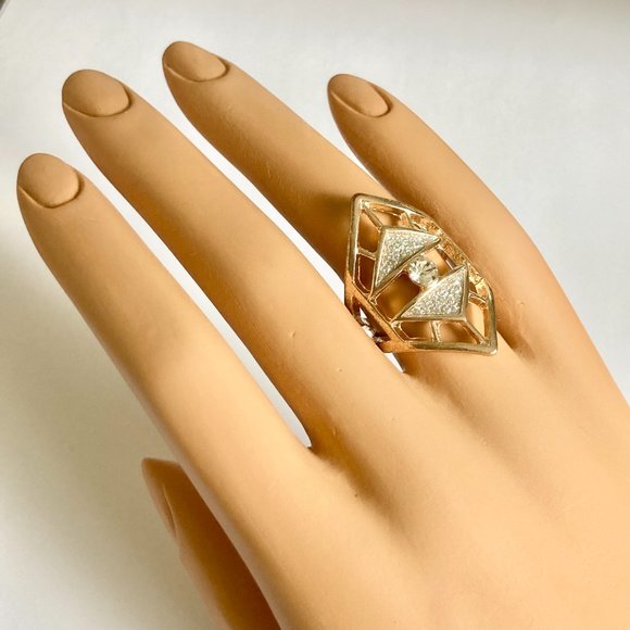 Rose Gold Cubic Zirconia Cocktail Ring Boho Art Deco Size 7 Plated Statement - Picture 4 of 12